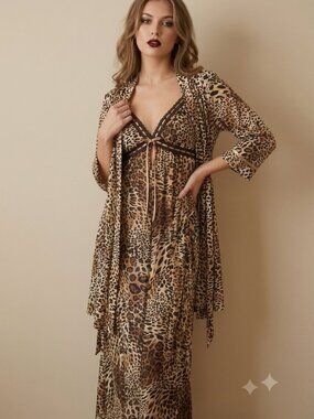 Linea Donatella Women's Size XL Y2K Leopard Print Maxi Chemise & Robe Set
